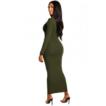 Green Long Sleeve Snap Button Ribbed Dress